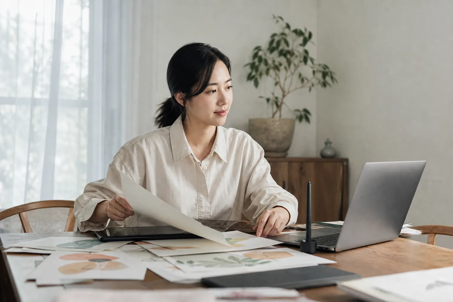 거실 식탁에 노트북과 태블릿을 펴두고 재능마켓 프로필과 포트폴리오 이미지를 정리하며 차분히 집중하는 30대 여성의 모습