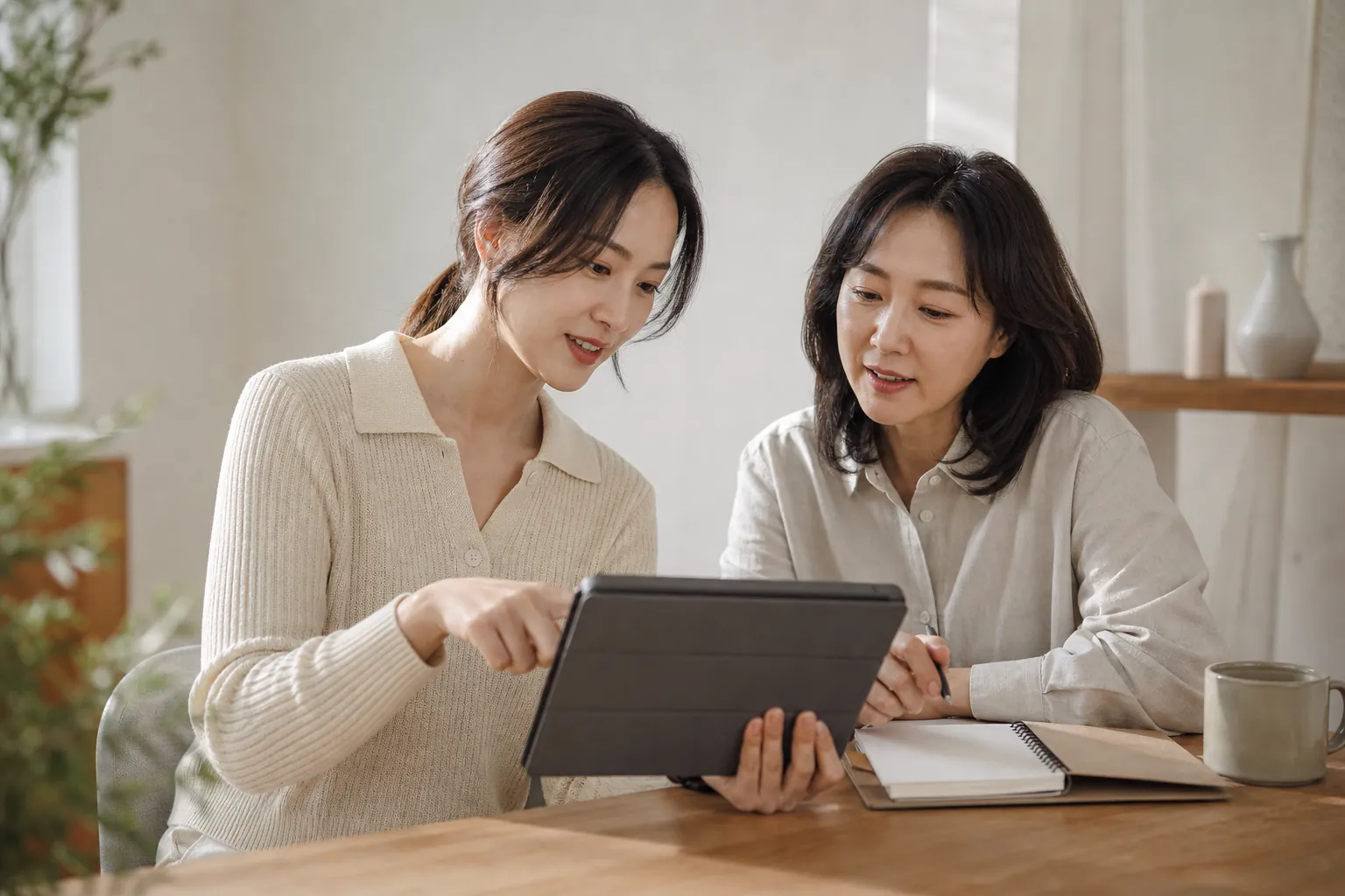 온라인 수익화 컨설턴트와 수강생이 태블릿 화면 속 콘텐츠 초안을 함께 들여다보며 손으로 짚어가며 상담하는 협업 장면