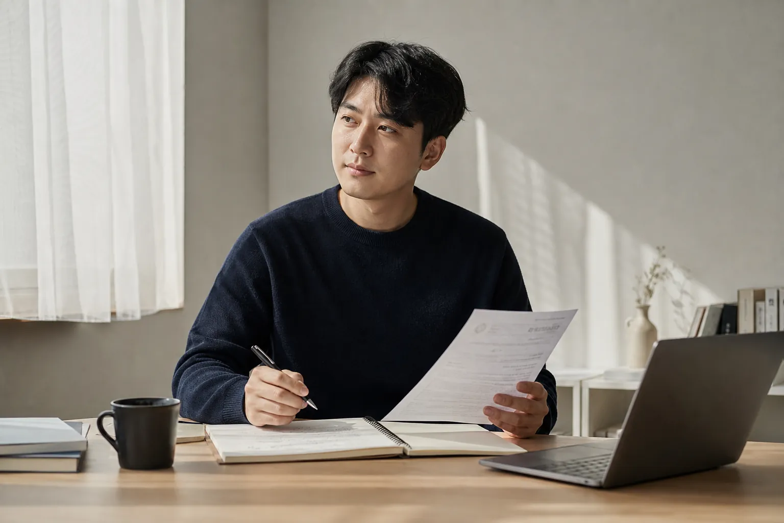 체크리스트가 적힌 노트를 펼쳐두고 사업자등록증 사본과 펜을 든 채 하나씩 짚어가며 확인하는 20대 남성의 손과 표정
