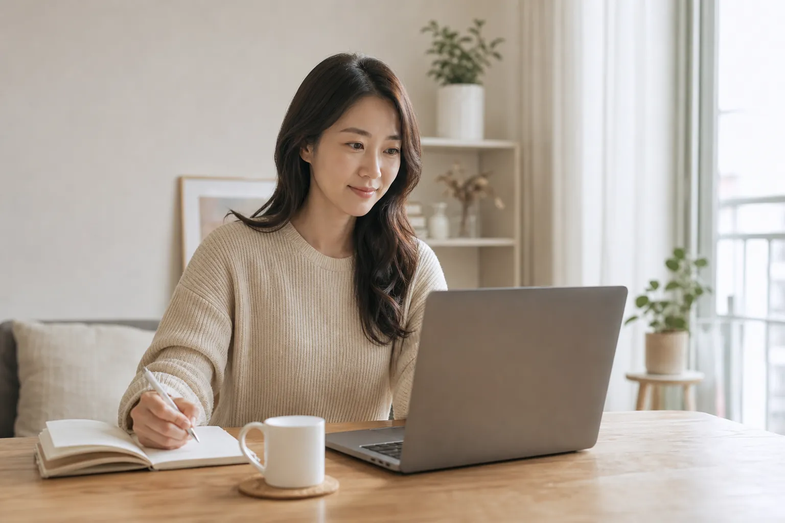 밝은 집에서 노트북으로 제휴 프로그램을 알아보는 모습