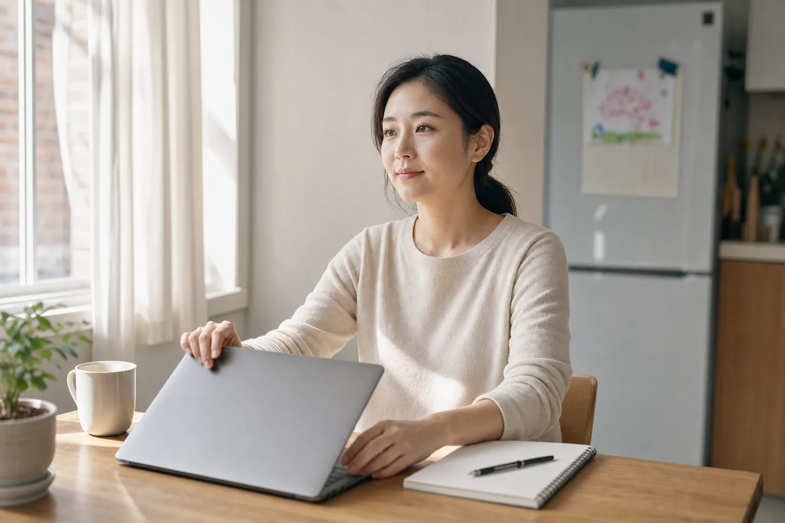 창가 책상에서 노트북을 여는 여성