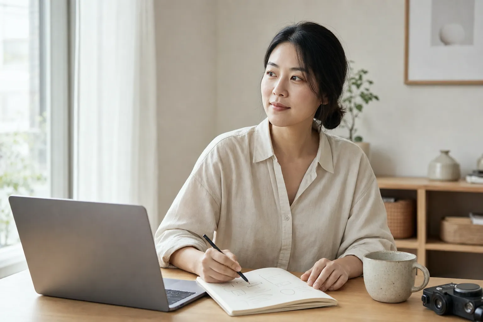 노트에 콘텐츠 계획을 정리하며 리뷰 방향을 고민하는 모습