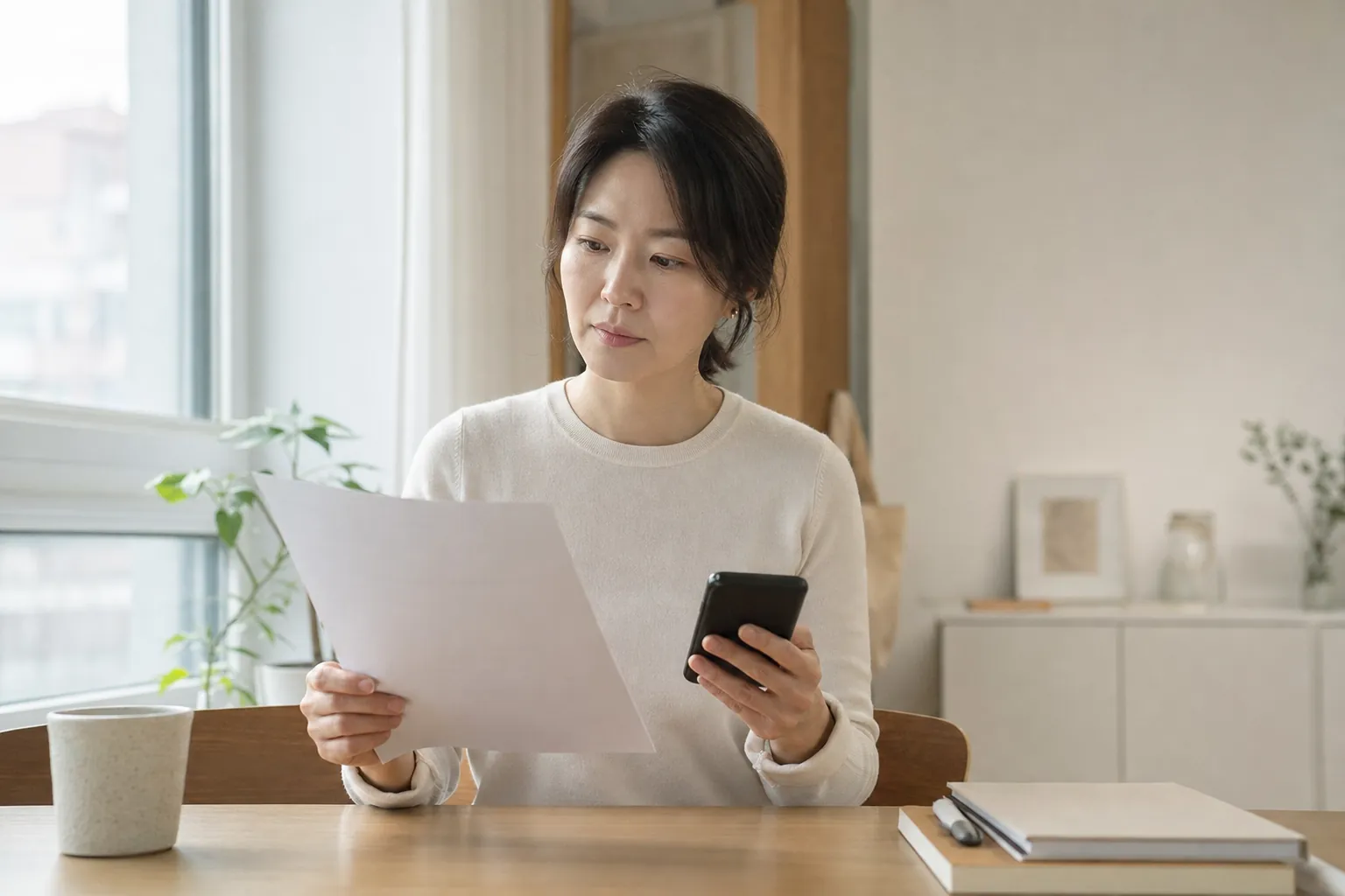 서류와 스마트폰을 함께 놓고 신중하게 확인하는 모습
