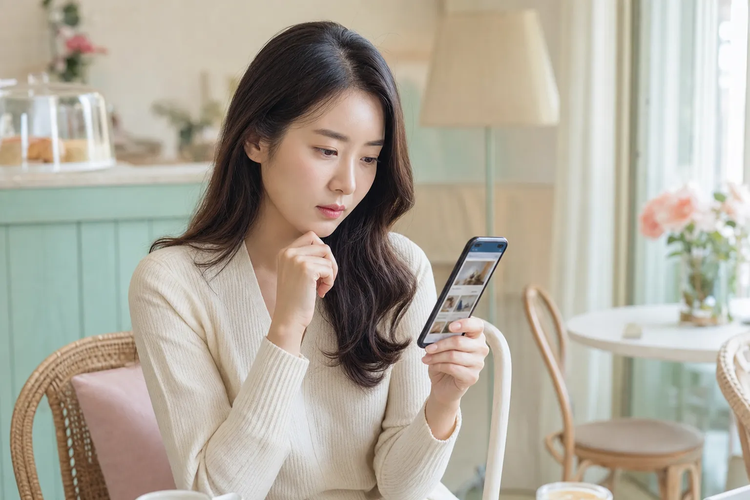 스마트폰으로 부업 관련 뉴스 기사를 신중하게 살펴보는 여성